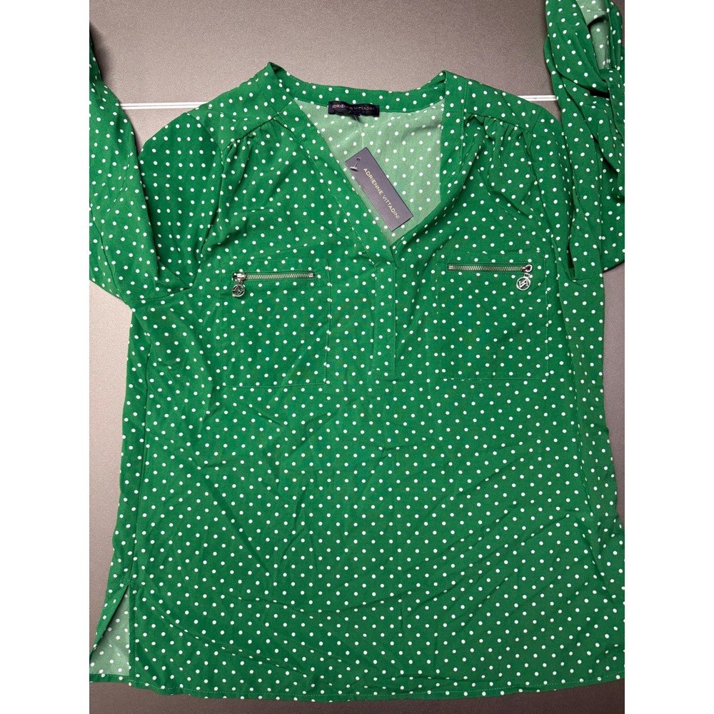 Adrienne Vittadini Green Polka Dot Roll Tab Sleeve V-Neck Blouse Large NWT